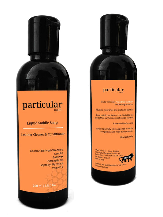 Particular: Liquid Saddle Soap, One Step Cleaner and Conditioner for Natural Leather | Beeswax and Lanolin Based | Clean and Nourish | 100% Good for Leather Ingredients 200 Ml